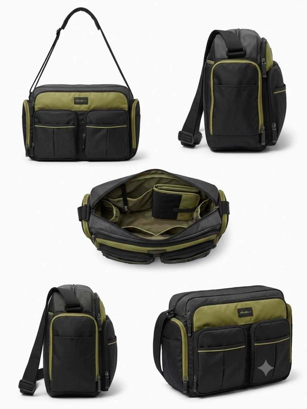 Eddie Bauer Messenger Diaper Bag Black Green Changing Pad Multi Pocket